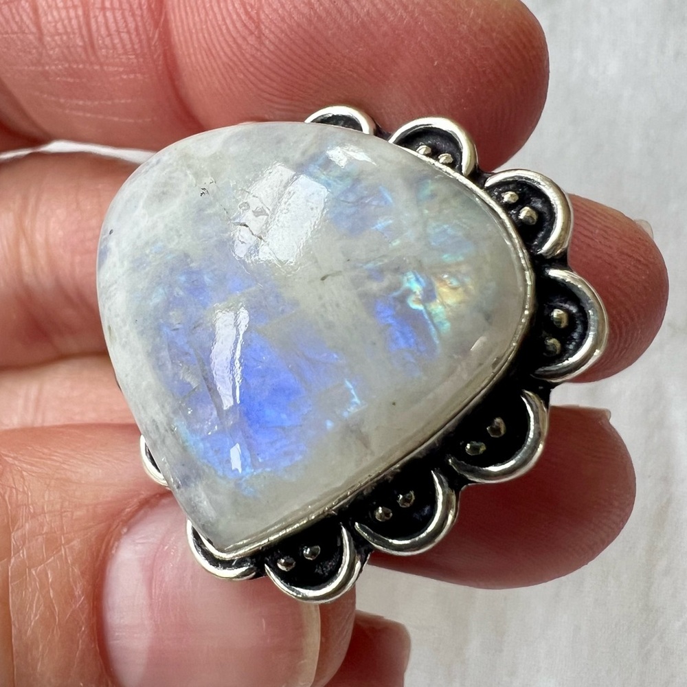 925 LUMINOUS! Rainbow Flash Moonstone Bulb Ring 11